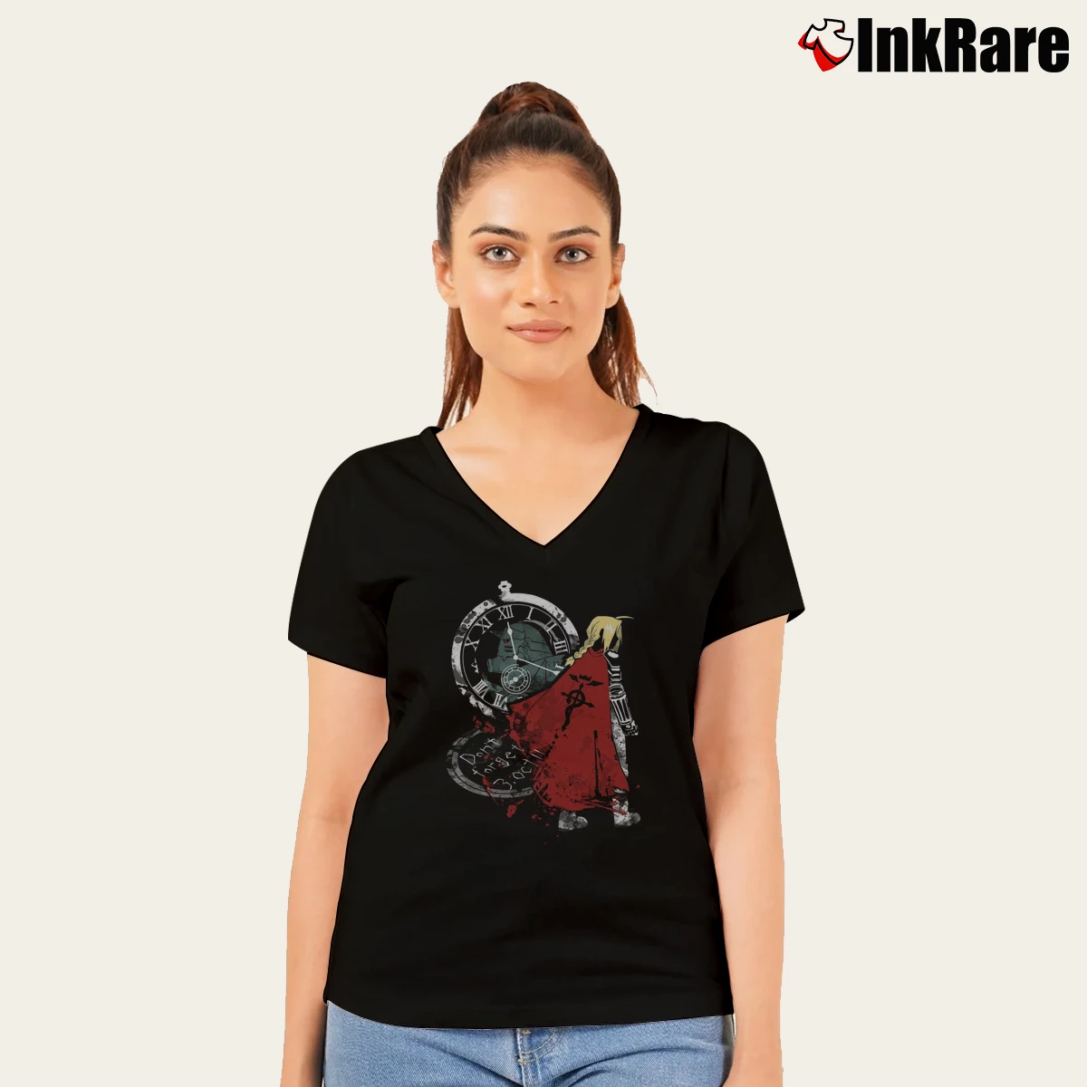 Women’s Vintage Fullmetal Alchemist V-Neck Tee in black | Chic Neckline, Soft Texture