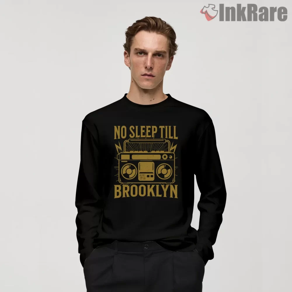 Vintage Gold Boombox No Sleep Till Brooklyn Shirt on black long sleeve shirt for men graphic tee