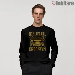 Vintage Gold Boombox No Sleep Till Brooklyn Shirt on black long sleeve shirt for men graphic tee