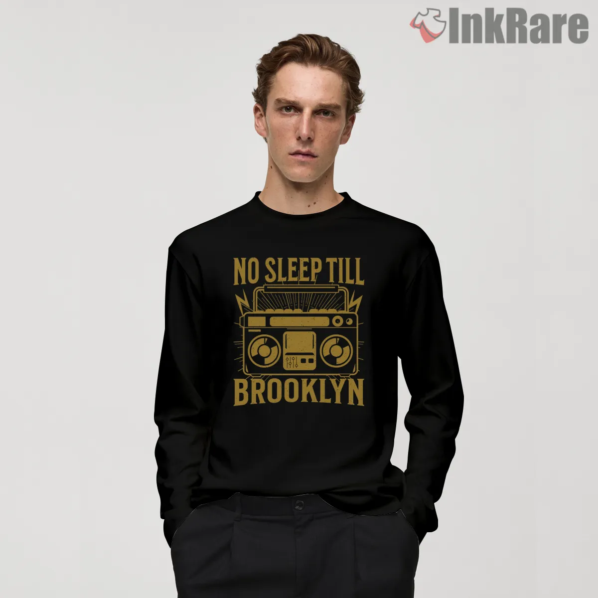 Vintage Gold Boombox No Sleep Till Brooklyn Long Sleeve Black Vintage Gold Boombox No Sleep Till Brooklyn Shirt on black long sleeve shirt for men graphic tee