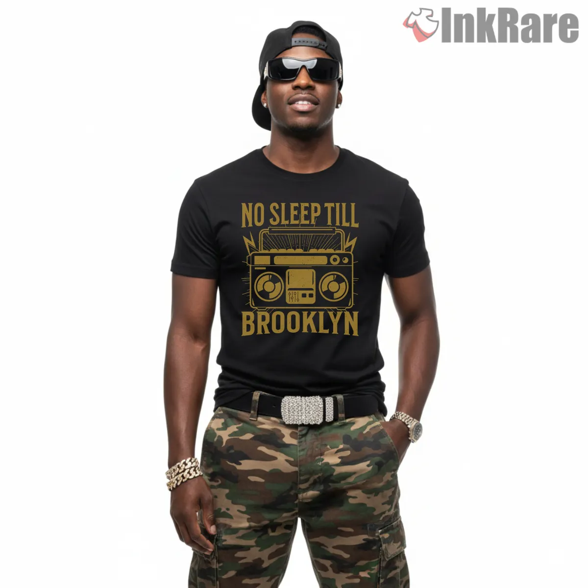 Vintage Gold Boombox No Sleep Till Brooklyn Short Sleeve Black Vintage Gold Boombox No Sleep Till Brooklyn Shirt on black short sleeve shirt for men graphic tee