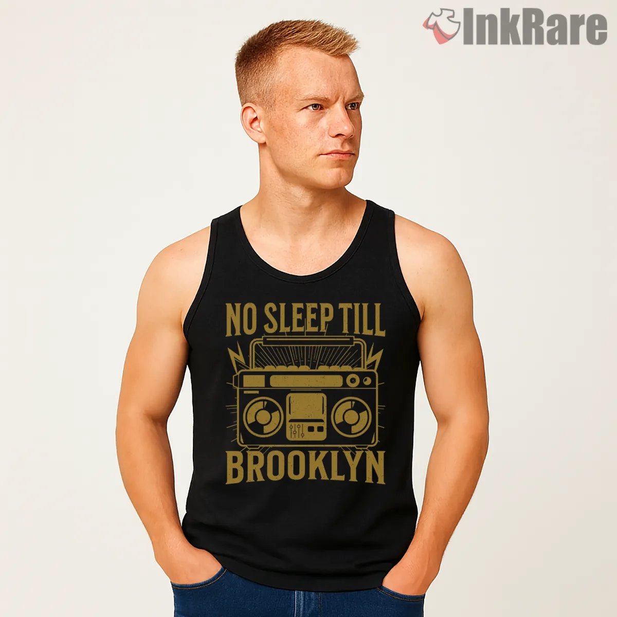 Vintage Gold Boombox No Sleep Till Brooklyn Tank Top Black Vintage Gold Boombox No Sleep Till Brooklyn Shirt on black tank top for men graphic tee