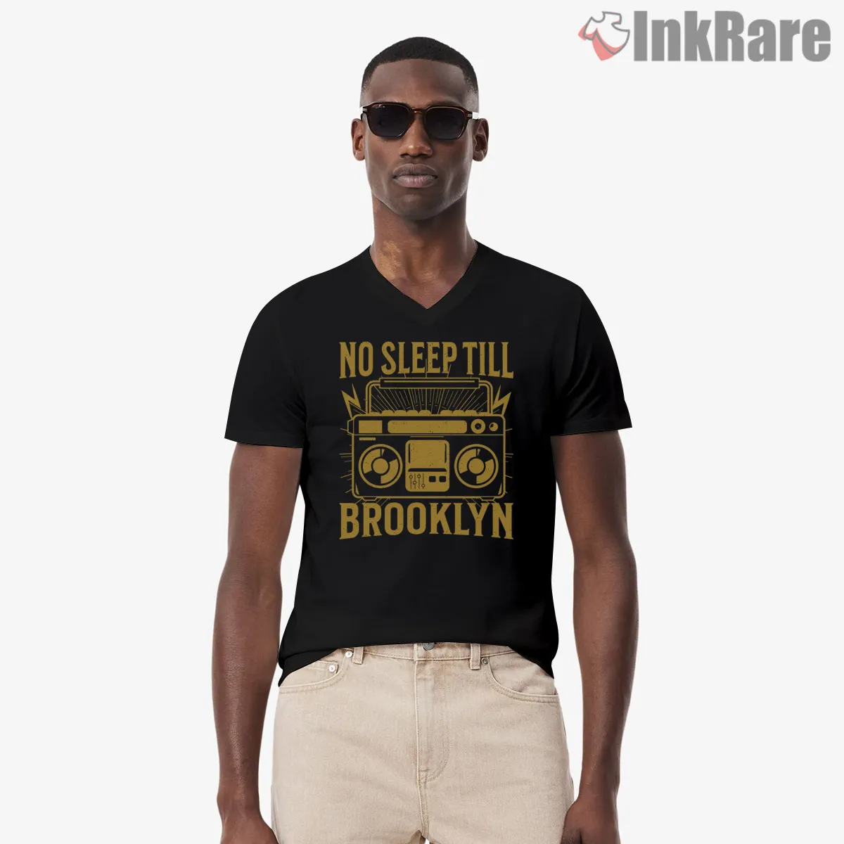 Vintage Gold Boombox No Sleep Till Brooklyn V Neck Black Vintage Gold Boombox No Sleep Till Brooklyn Shirt on black v-neck shirt for men graphic tee