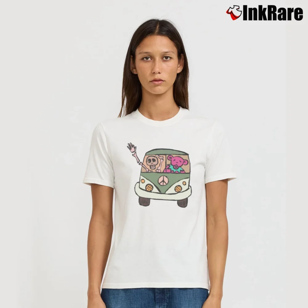 Women’s Vintage Grateful Dead VW Bus Skeleton Dancing Bear Rare T-Shirt in white | Soft, Flattering Fit