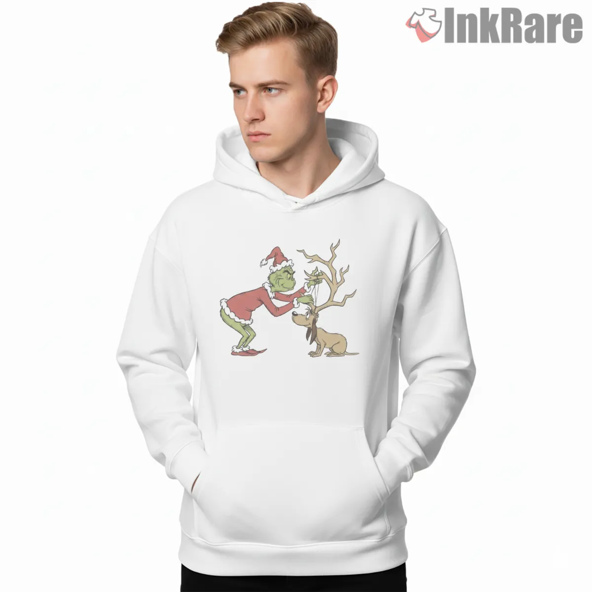Vintage Grinch And Max Christmas Dog Lover Shirt on white hoodie for men graphic tee
