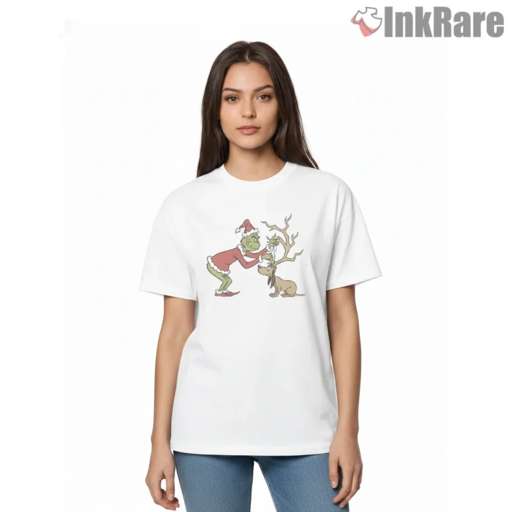 Vintage Grinch And Max Dog Lover Christmas Shirt on white short sleeve shirt for women graphic tee