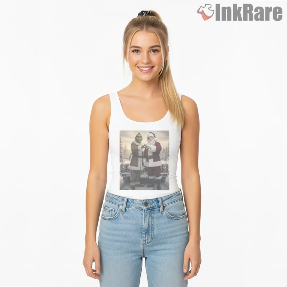 Vintage Grinch And Santa Heart Hands Shirt on white tank top for women graphic tee