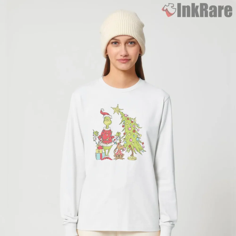 Vintage Grinchy Christmas Tree Scene Shirt on white long sleeve shirt for women graphic tee