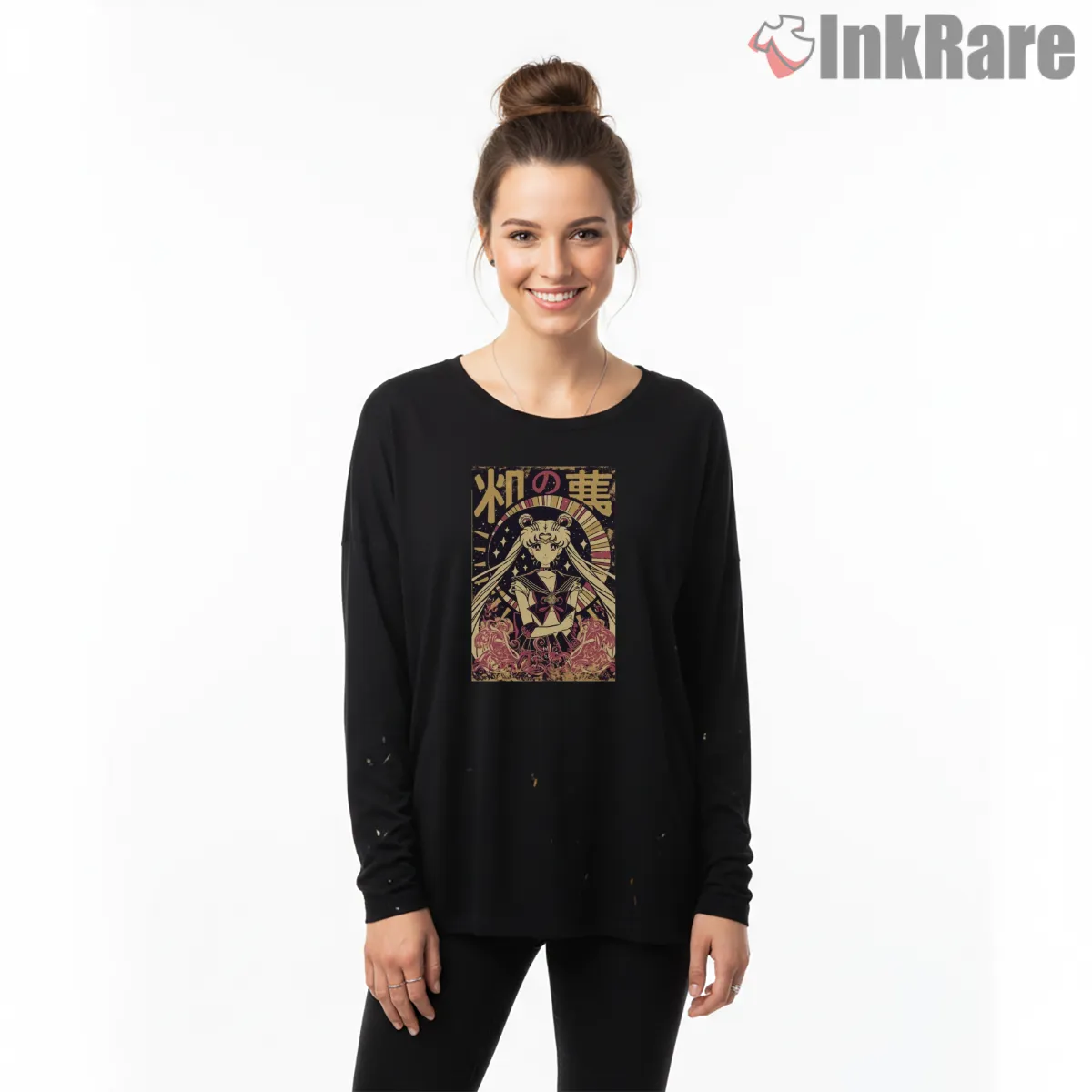 Vintage Grunge Magical Girl Poster Style Shirt on black long sleeve shirt for women graphic tee