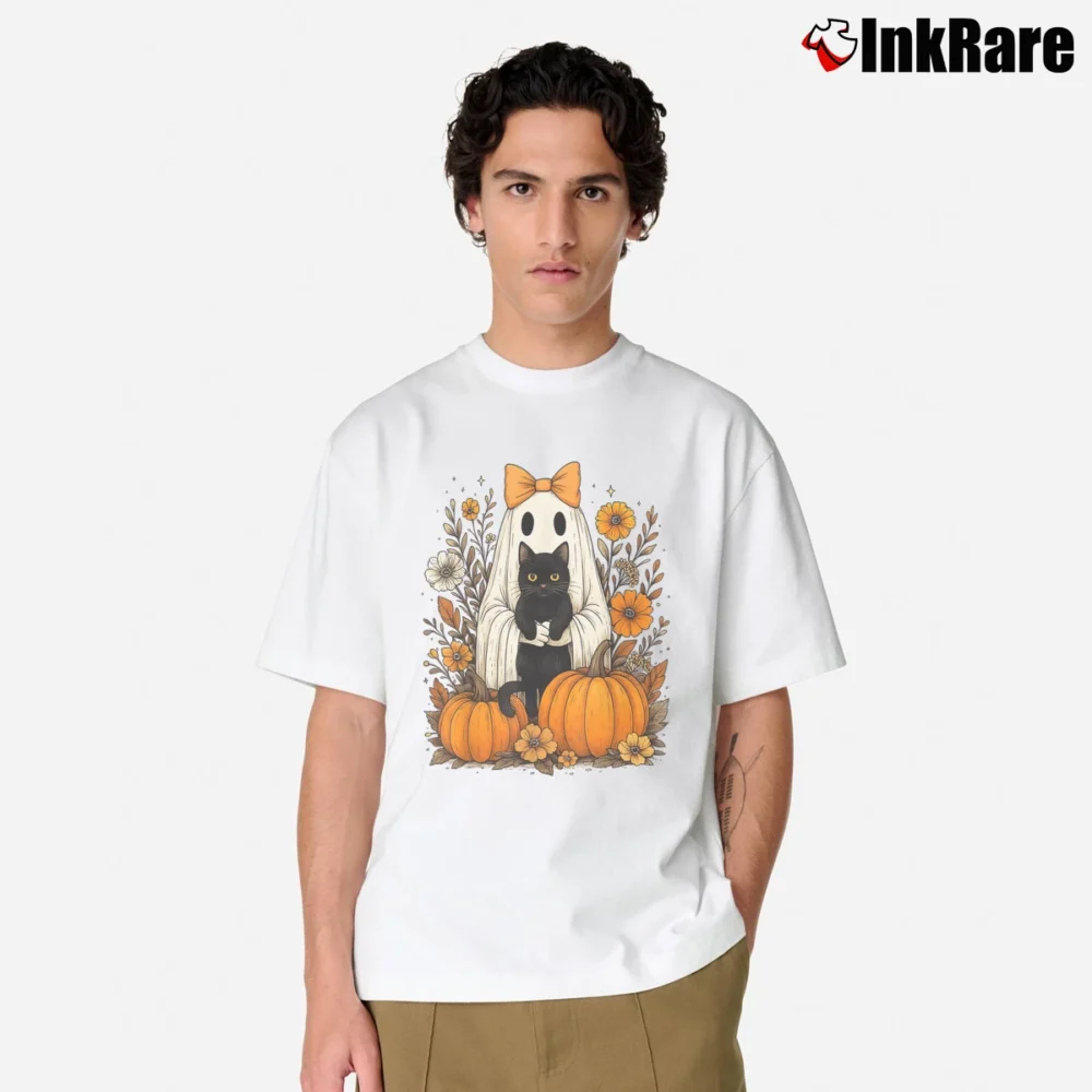 Men’s Vintage Halloween Ghost Holding Black Cat Floral Classic T-Shirt in white | Soft, Breathable Everyday Wear