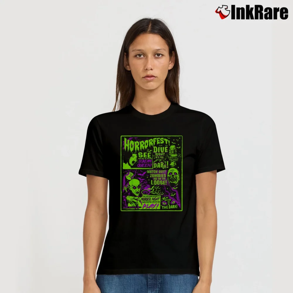Women’s Vintage Horrorfest Poster Halloween Movie T-Shirt in black | Soft, Flattering Fit