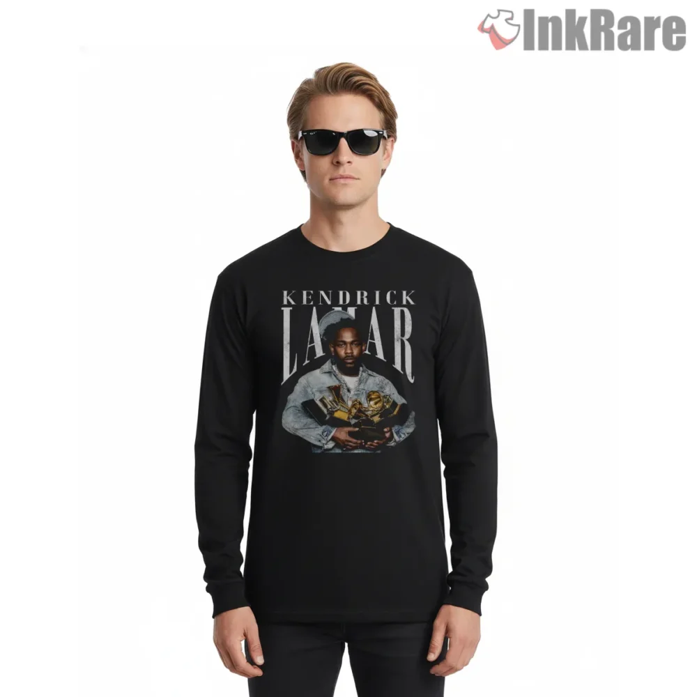 Vintage Kendrick Lamar Holding Grammy Awards Photo Shirt on black long sleeve shirt for men graphic tee