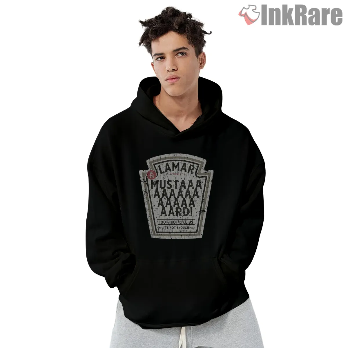 Vintage Kendrick Lamar Mustard Parody Label Shirt on black hoodie for men graphic tee