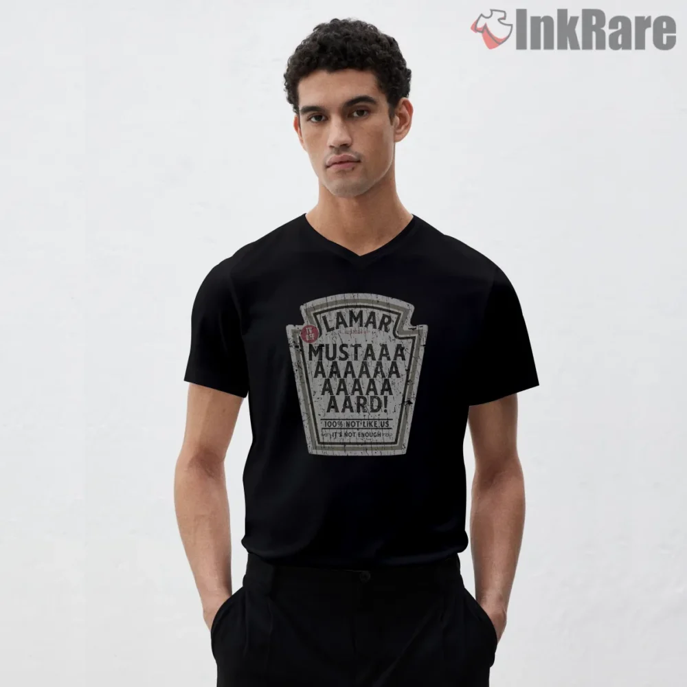 Vintage Kendrick Lamar Mustard Parody Label Shirt on black v-neck shirt for men graphic tee