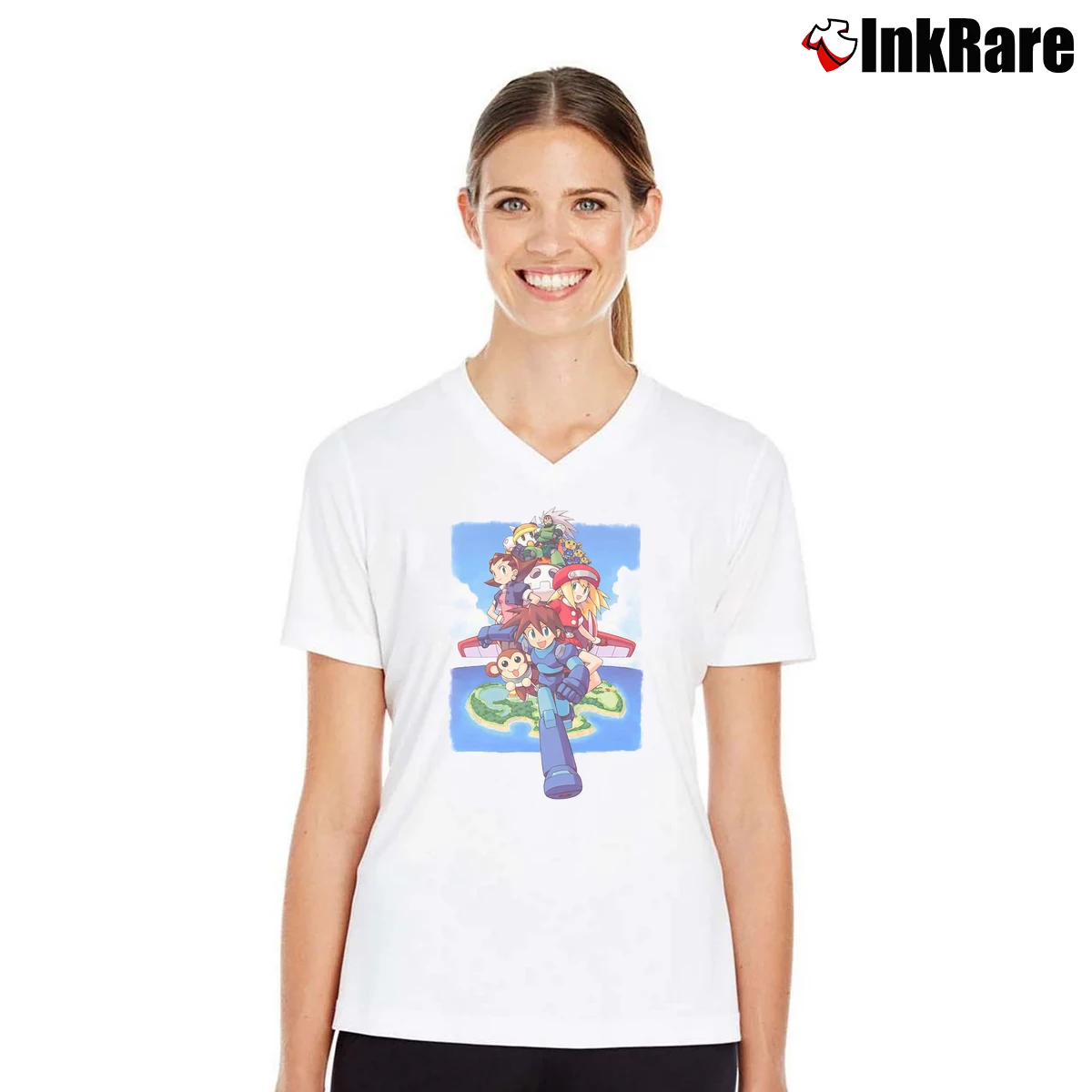 Women’s Vintage Mega Man Legends V-Neck Tee in white | Chic Neckline, Soft Texture