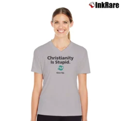 Women’s Vintage Negativland Christianity is Stupid Give Up V-Neck Tee in sport grey | Chic Neckline, Soft Texture