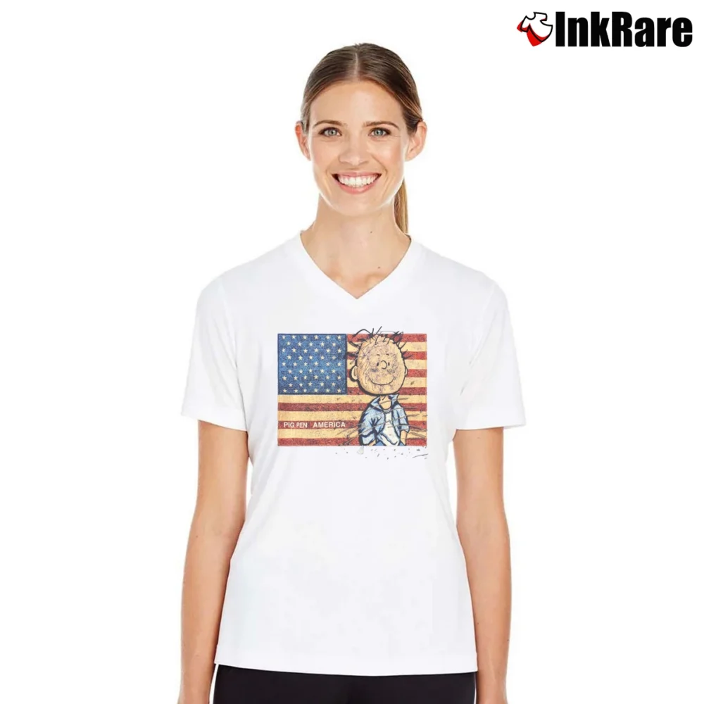 Women’s Vintage Peanuts Pig Pen American V-Neck Tee in white | Chic Neckline, Soft Texture