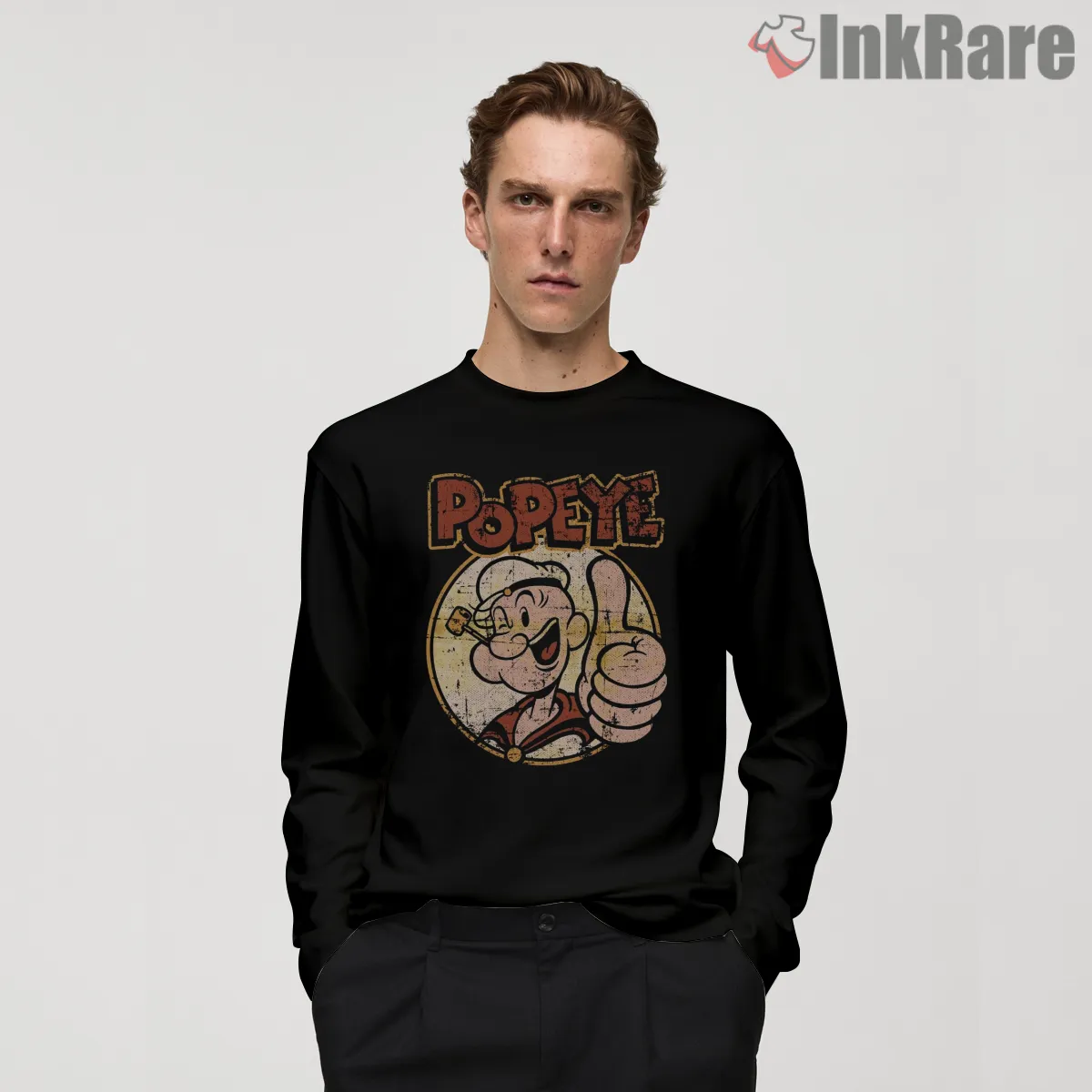 Vintage Popeye Thumbs Up Badge Shirt on black long sleeve shirt for men graphic tee