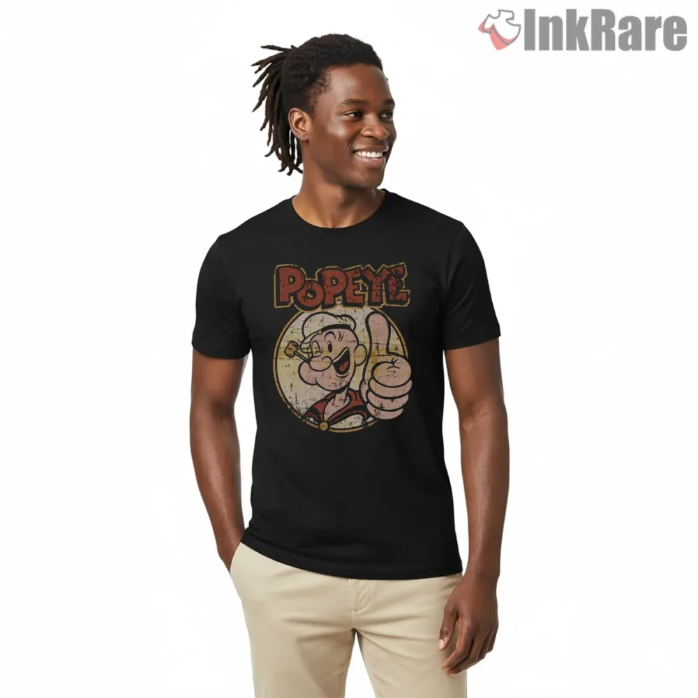 Vintage Popeye Thumbs Up Badge Shirt on black short sleeve shirt for men graphic tee