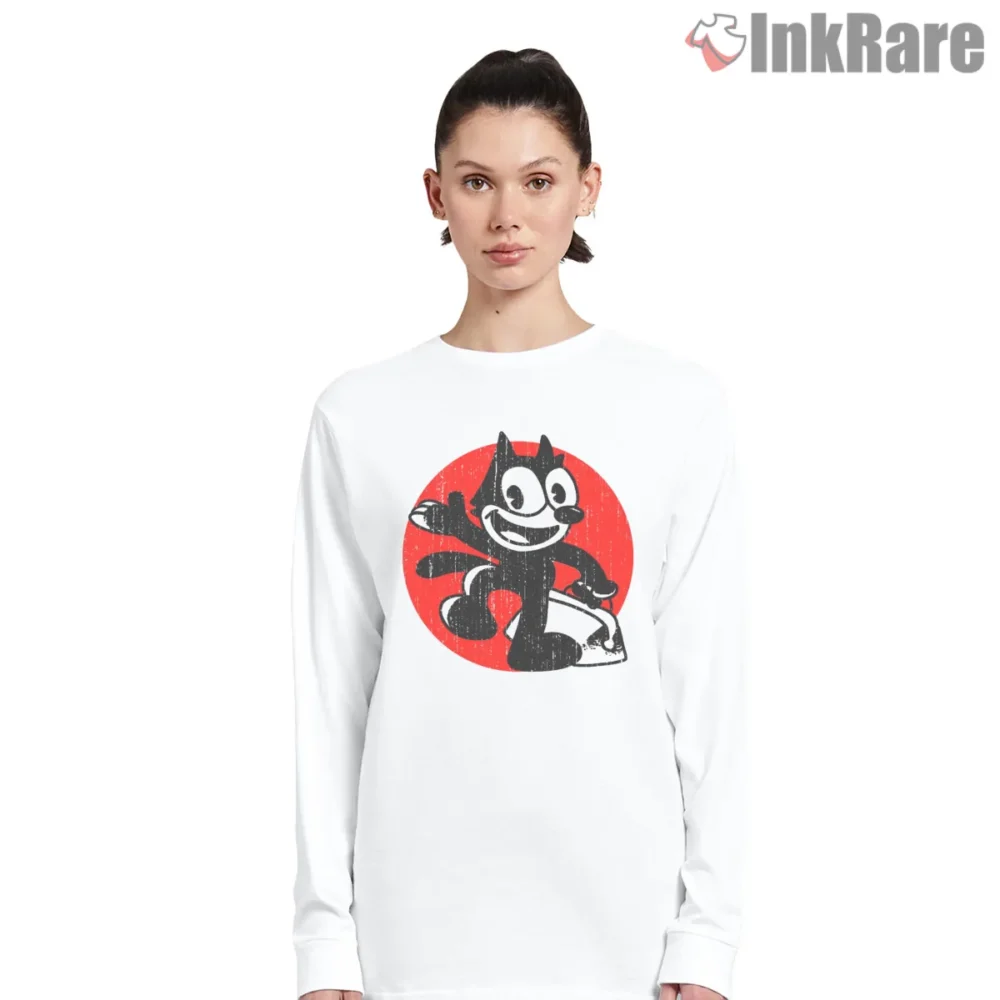 Vintage Red Circle Felix Drum Beat Shirt on white long sleeve shirt for women graphic tee