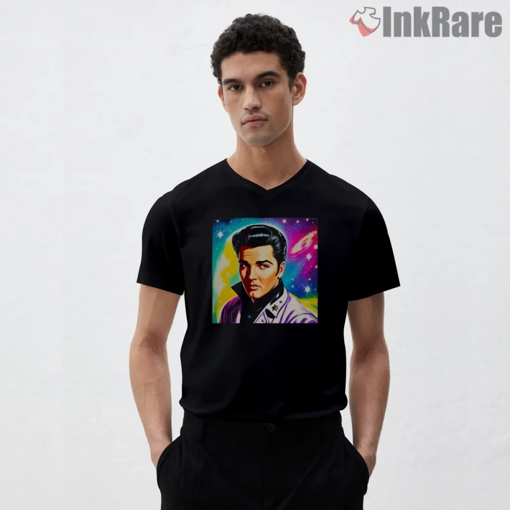 Vintage Retro Elvis Presley Cosmic Galaxy Shirt on black v-neck shirt for men graphic tee