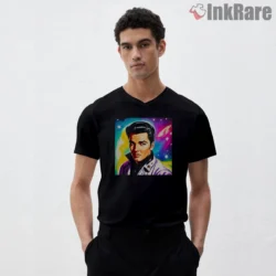 Vintage Retro Elvis Presley Cosmic Galaxy Shirt on black v-neck shirt for men graphic tee