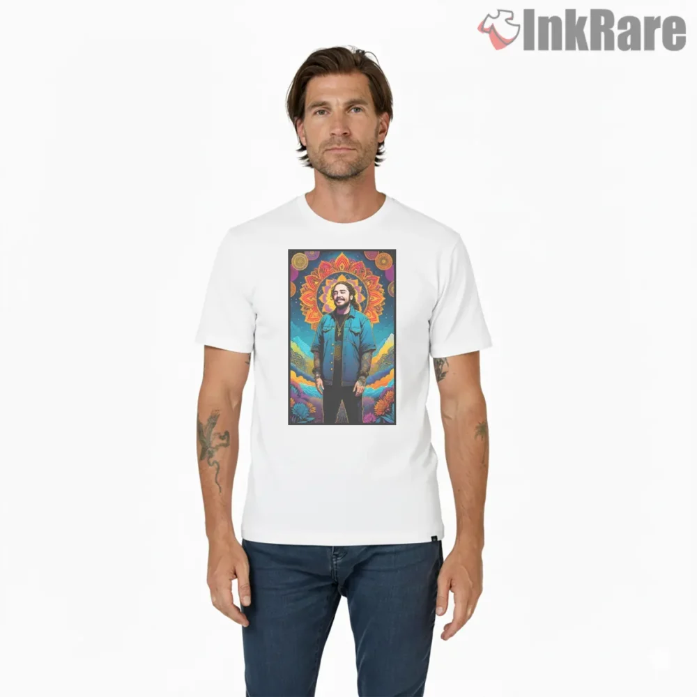 Vintage Retro Psychedelic Mandala Post Malone Music Fan Art Design Shirt on white short sleeve shirt for men graphic tee