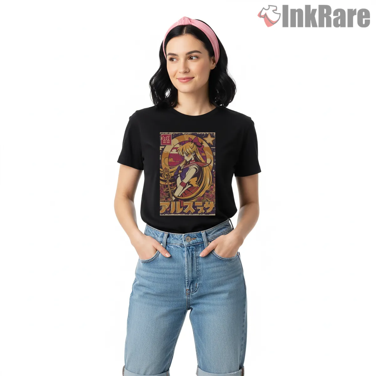 Vintage Sailor Venus Japanese Poster Style Short Sleeve Black Vintage Sailor Venus Japanese Poster Style Shirt on black short sleeve shirt for women graphic tee
