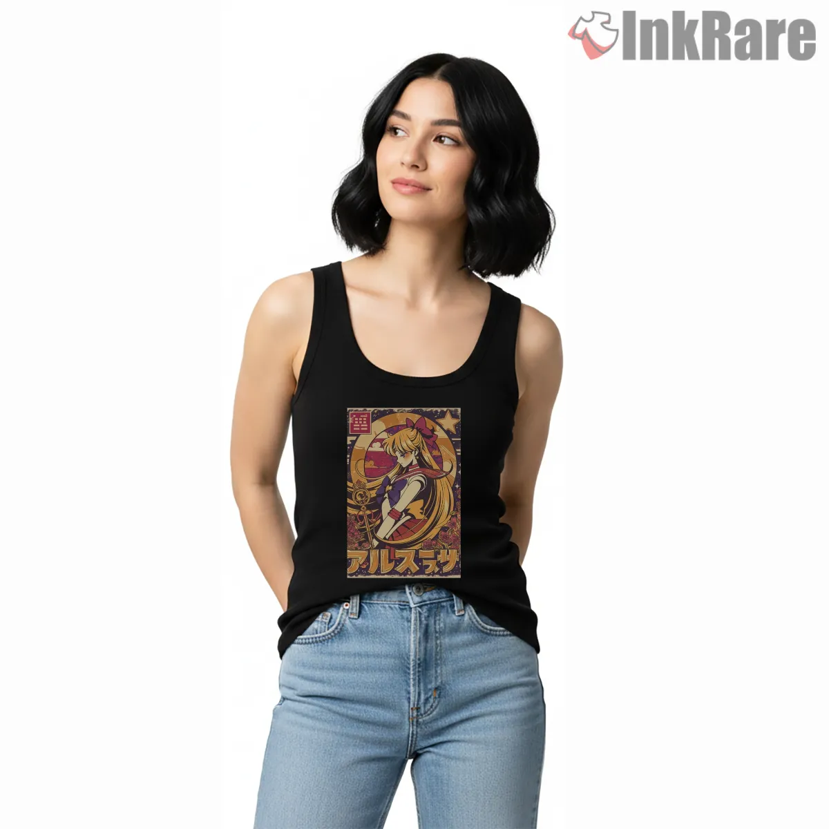 Vintage Sailor Venus Japanese Poster Style Tank Top Black Vintage Sailor Venus Japanese Poster Style Shirt on black tank top for women graphic tee