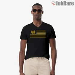 Vintage Stripe Flag Wu Tang Symbol Shirt on black v-neck shirt for men graphic tee