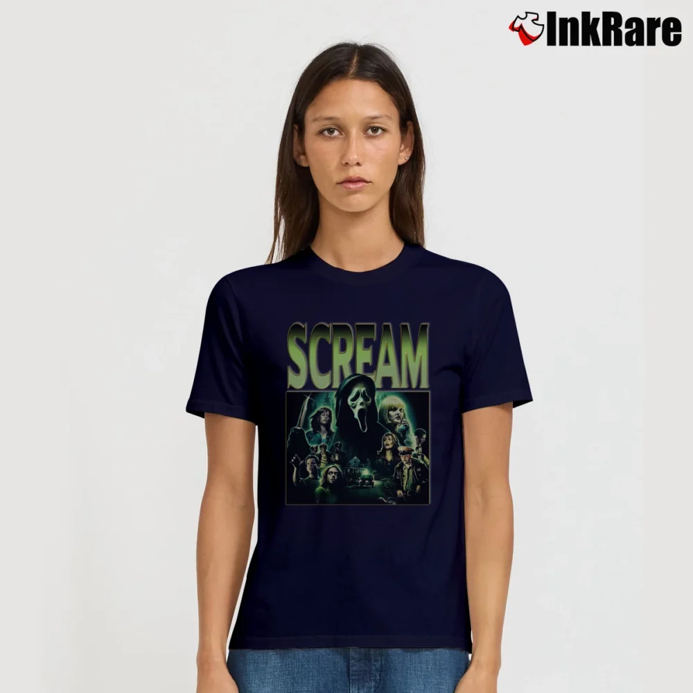 Women’s Vintage Style Ghostface Scream Signature T-Shirt in navy | Soft, Flattering Fit