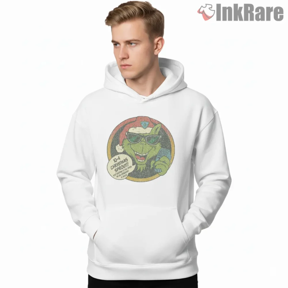 Vintage Sunglasses Grinch Christmas Sprout Shirt on white hoodie for men graphic tee