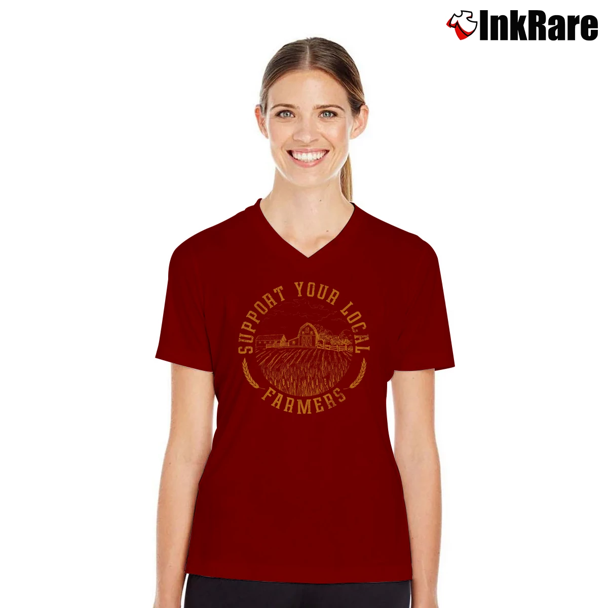 Women’s Vintage Support Your Local Farmers V-Neck Tee in maroon | Chic Neckline, Soft Texture