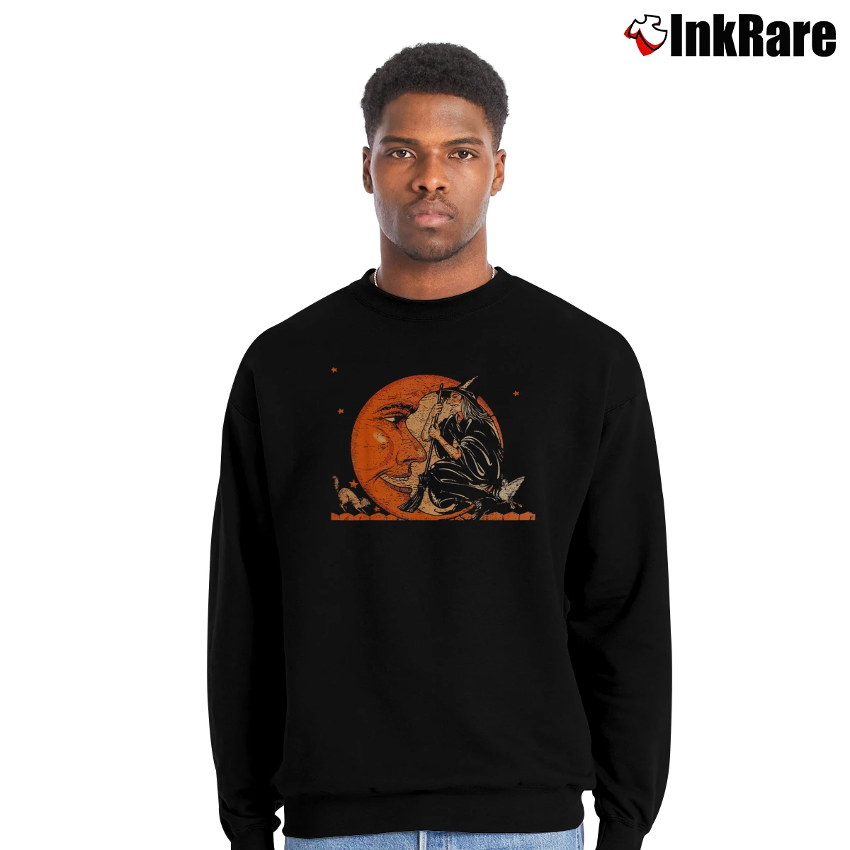 Men’s Vintage Witch And Moon Halloween Crewneck Sweatshirt in black | Cozy Fabric, Clean Style