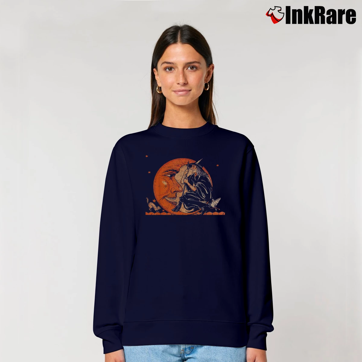 Women’s Vintage Witch And Moon Halloween Relaxed Sweatshirt in navy | Soft, Laid-Back Vibe