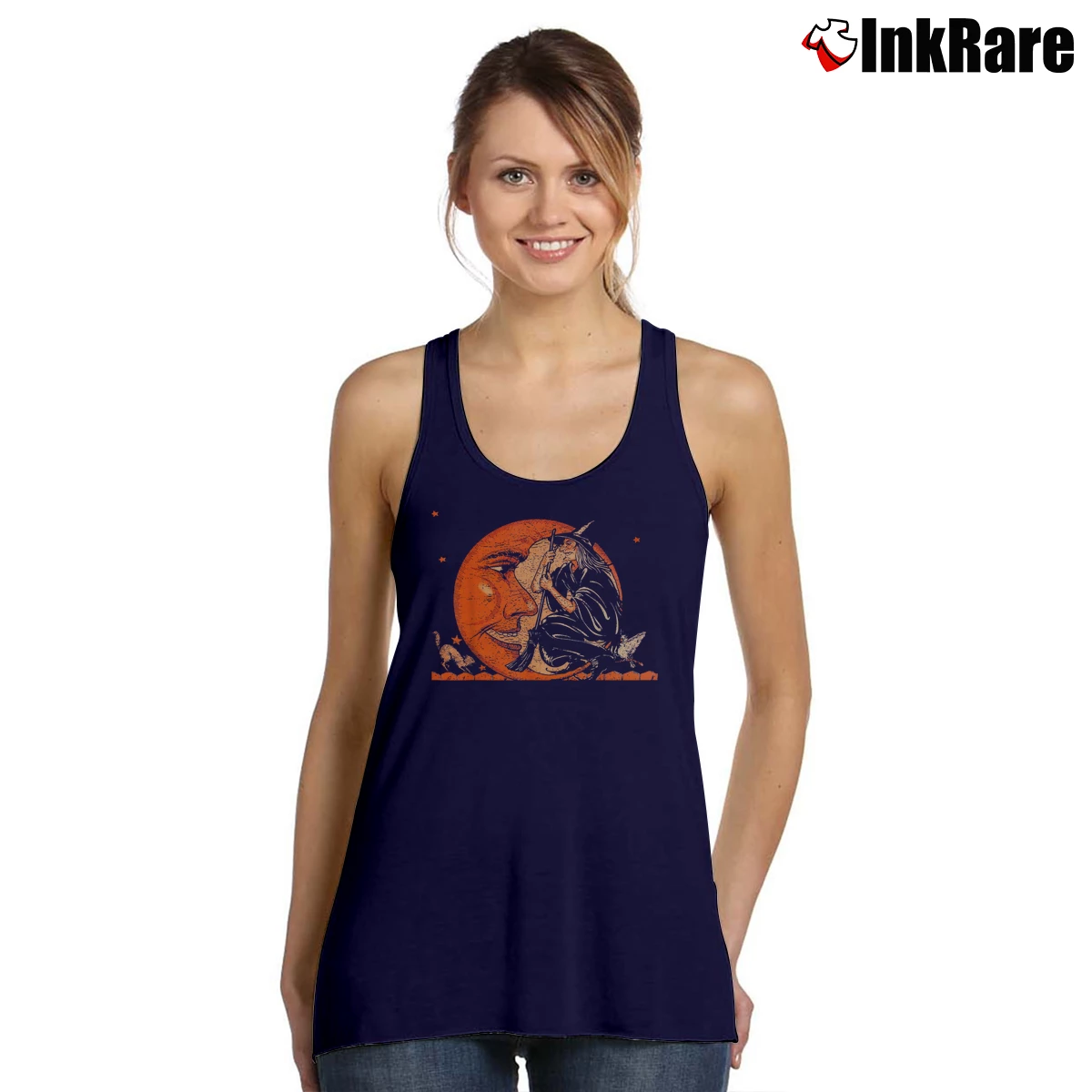 Women’s Vintage Witch And Moon Halloween Tank Top in navy | Lightweight, Movement-Friendly