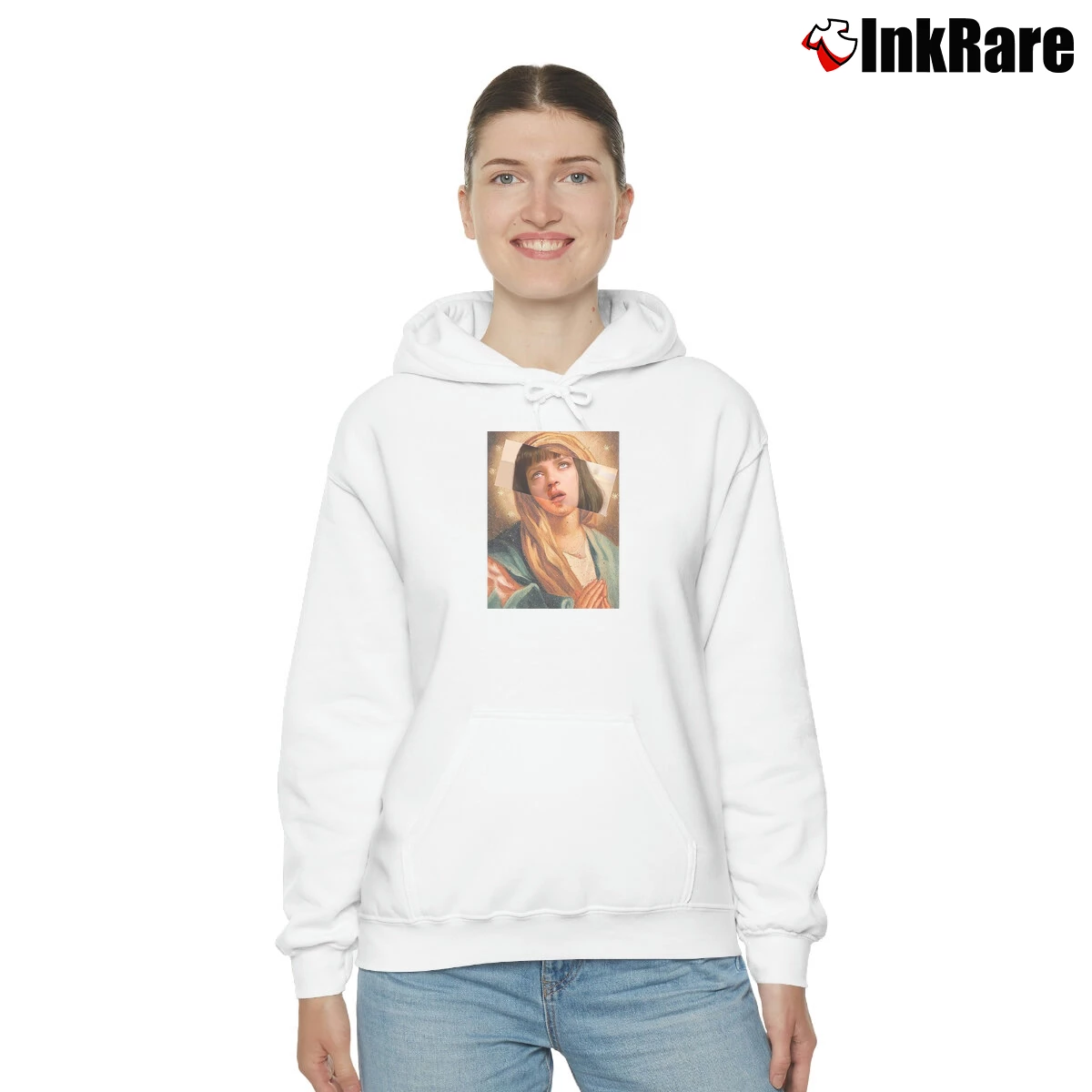 Virgin Mary Pulp Fiction Women’s Cozy Hoodie in white – Urban Chic Women’s Virgin Mary Pulp Fiction Cozy Hoodie in white | Warm, Structured, Stylish