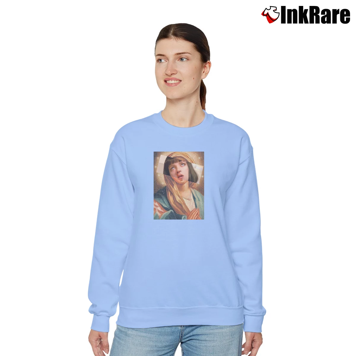 Virgin Mary Pulp Fiction Women’s Relaxed Sweatshirt in light blue – Cozy Casual Women’s Virgin Mary Pulp Fiction Relaxed Sweatshirt in light blue | Soft, Laid-Back Vibe
