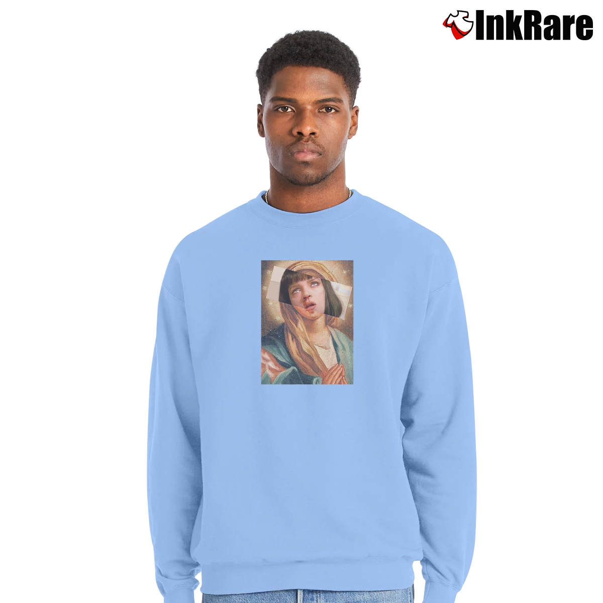 Virgin Mary Pulp Fiction Men’s Crewneck Sweatshirt in light blue – Soft & Durable Men’s Virgin Mary Pulp Fiction Crewneck Sweatshirt in light blue | Cozy Fabric, Clean Style