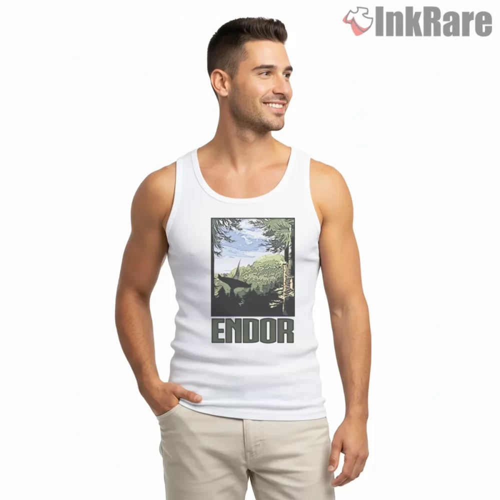 Visit Endor Vintage Travel Poster Shirt on white tank top for men graphic tee