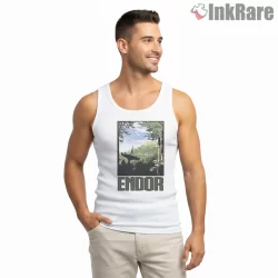 Visit Endor Vintage Travel Poster Shirt on white tank top for men graphic tee