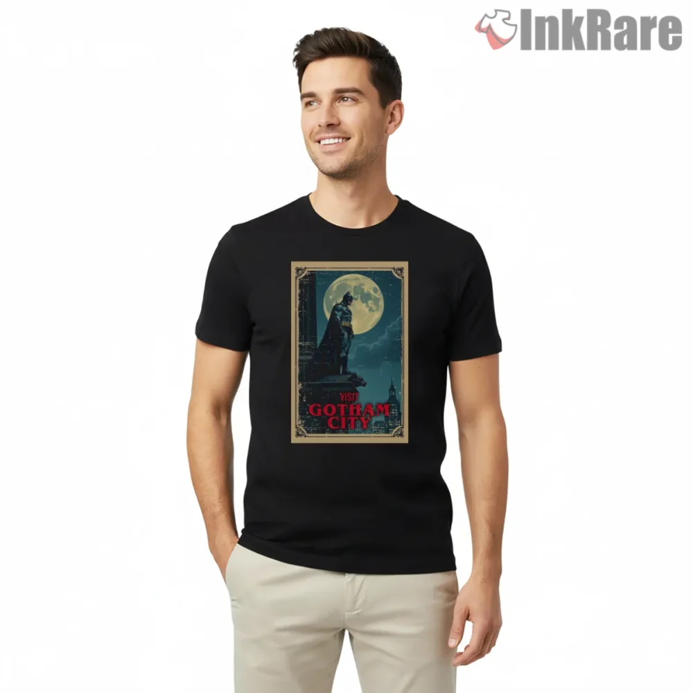 Visit Gotham City Vintage Batman Poster Shirt on black short sleeve shirt for men graphic tee