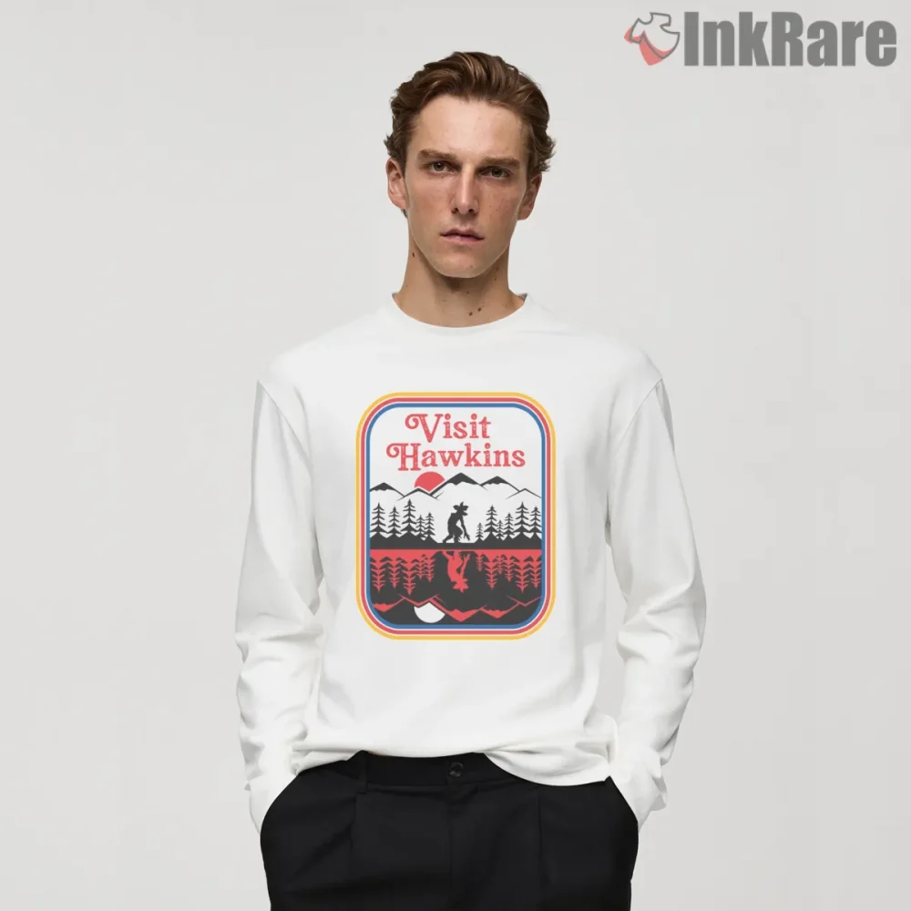 Visit Hawkins Indiana Retro Adventure Shirt on white long sleeve shirt for men graphic tee