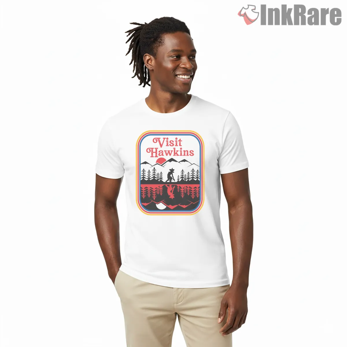 Visit Hawkins Indiana Retro Adventure Shirt on white short sleeve shirt for men graphic tee