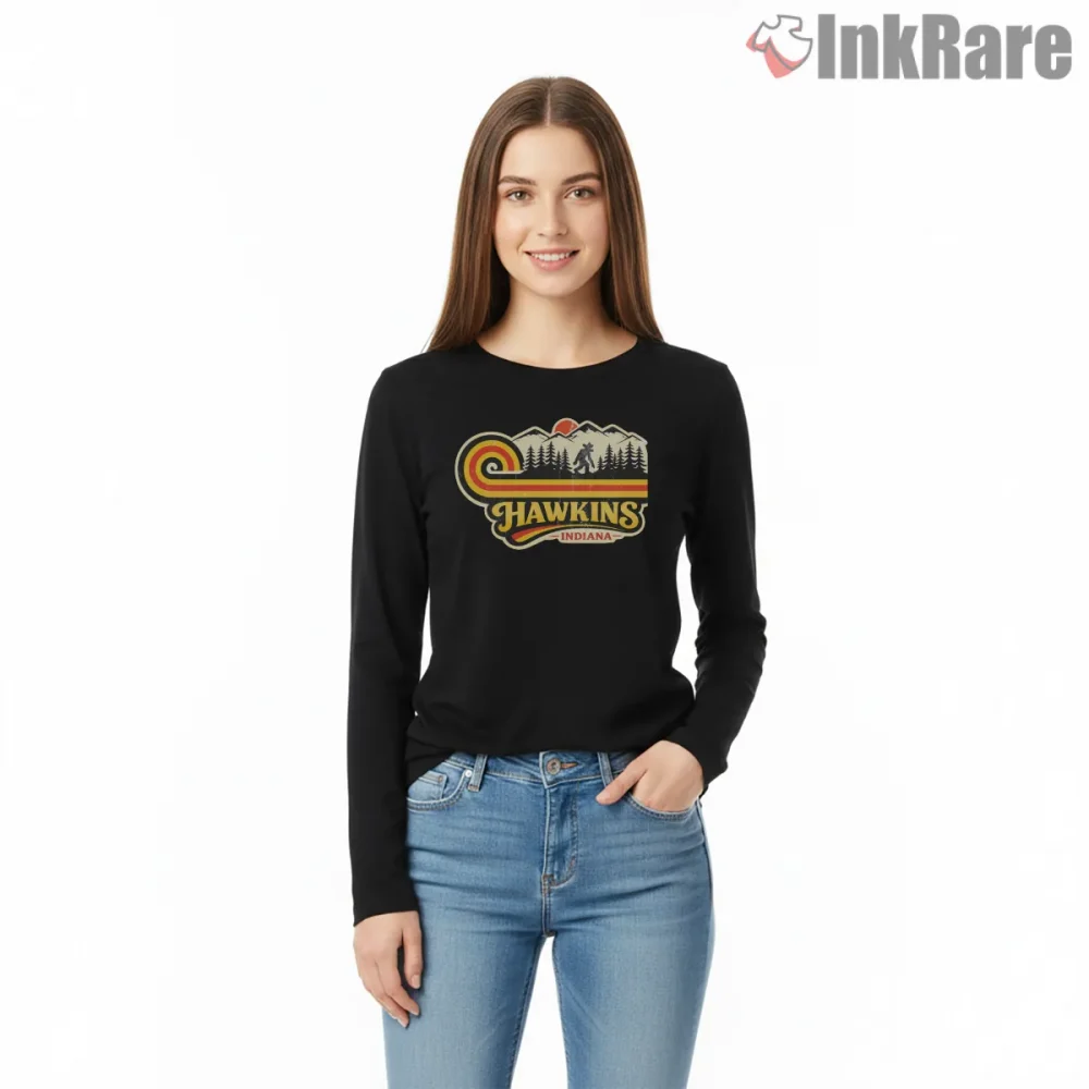 Visit Hawkins Indiana Retro Adventure Travel Shirt on black long sleeve shirt for women graphic tee