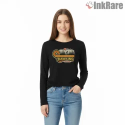 Visit Hawkins Indiana Retro Adventure Travel Shirt on black long sleeve shirt for women graphic tee