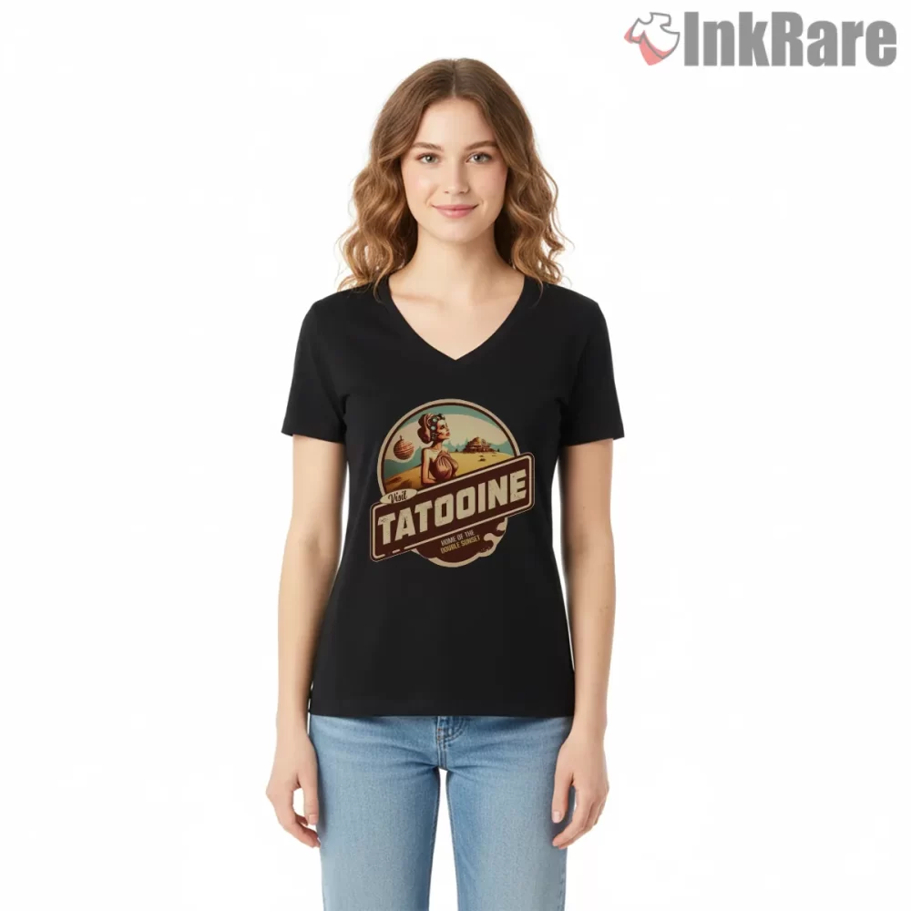 Visit Tatooine Retro Travel Poster Shirt on black v-neck shirt for women graphic tee