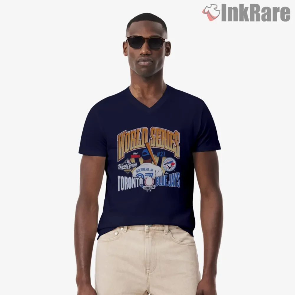Vladimir Guerrero Jr 2025 World Series Shirt on navy V neck with bold World Series graphic