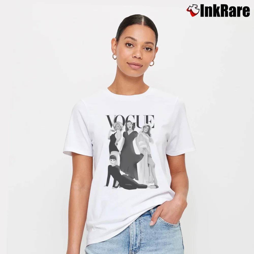 Women’s Vogue Marilyn Monroe Audrey Hepburn Iconic Stars Signature T-Shirt in white | Soft, Flattering Fit