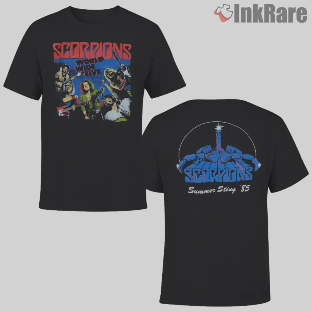 Vtg 1985 Scorpions World Wide Live Concert Double Sided Shirt front collage on black